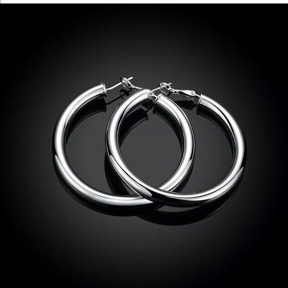 New Silver Large 50mm Round Circle Hoop Earrings - Picture 5 of 8